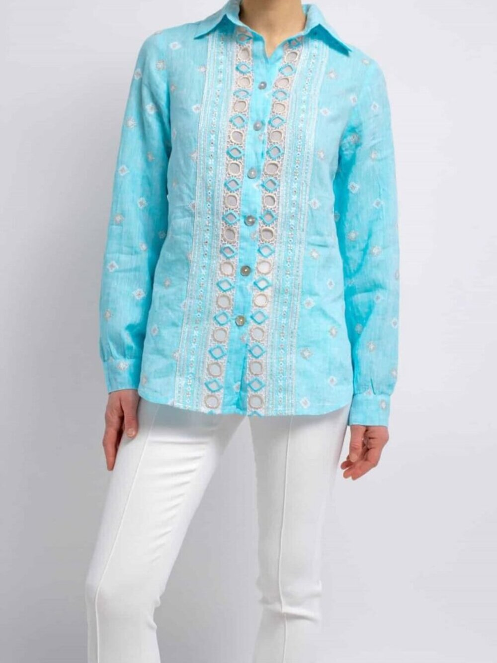 Temptation Positano Blue Straight Cut Embroidered Bohemian Linen Blouse Sz M - Picture 2 of 16